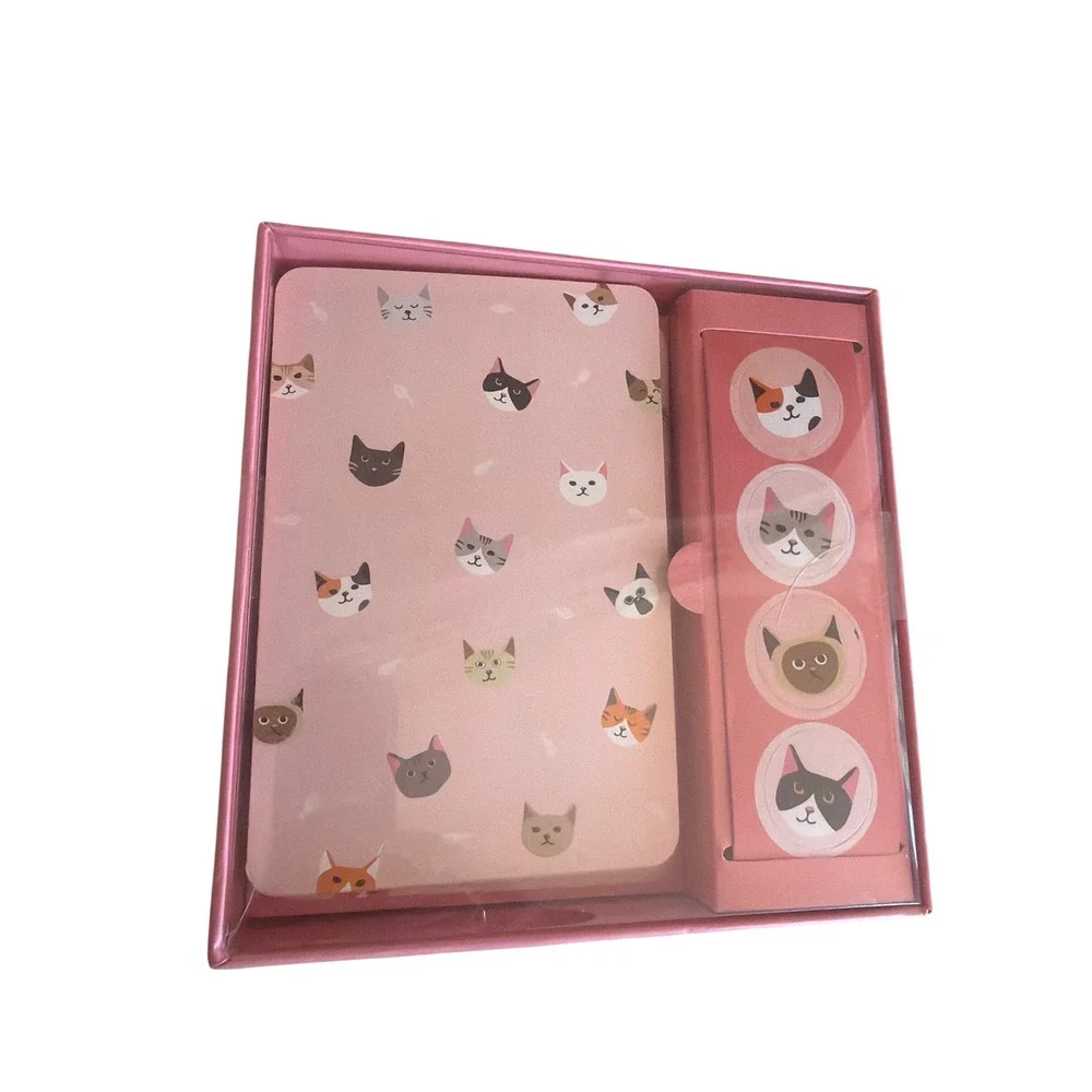 OCS Designs Note Card Set Pink Feline Good Daisies 2pk Stationery Boxed Stickers